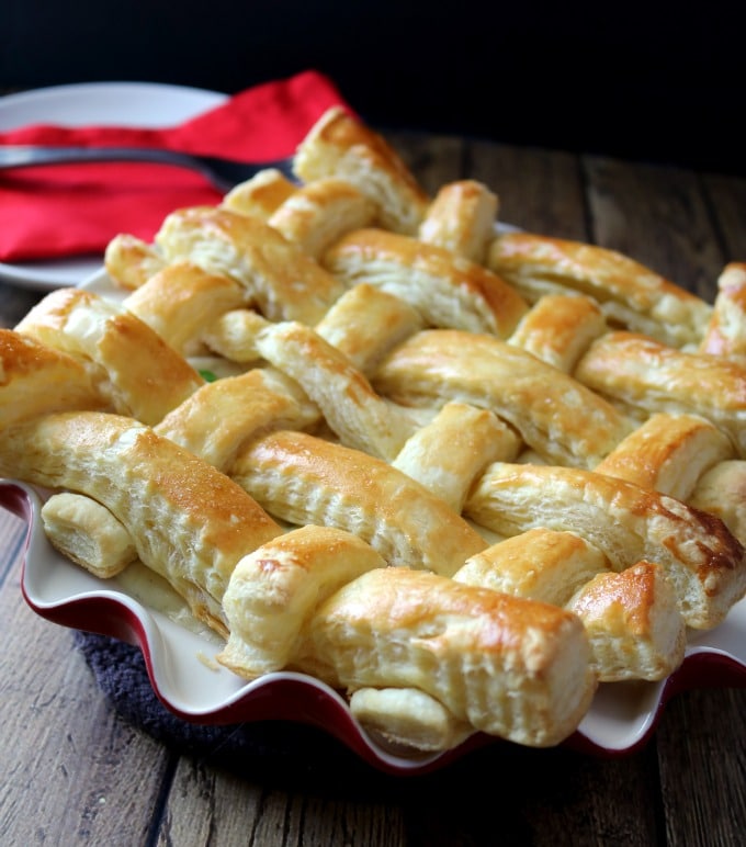 The puff pastry lattice work top of creamy chicken pot pie. 