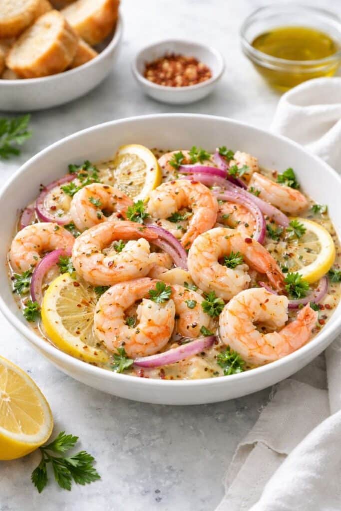 Quick pickled shrimp recipe served chilled with lemon slices, red onion, parsley, and olive oil marinade in a white bowl.