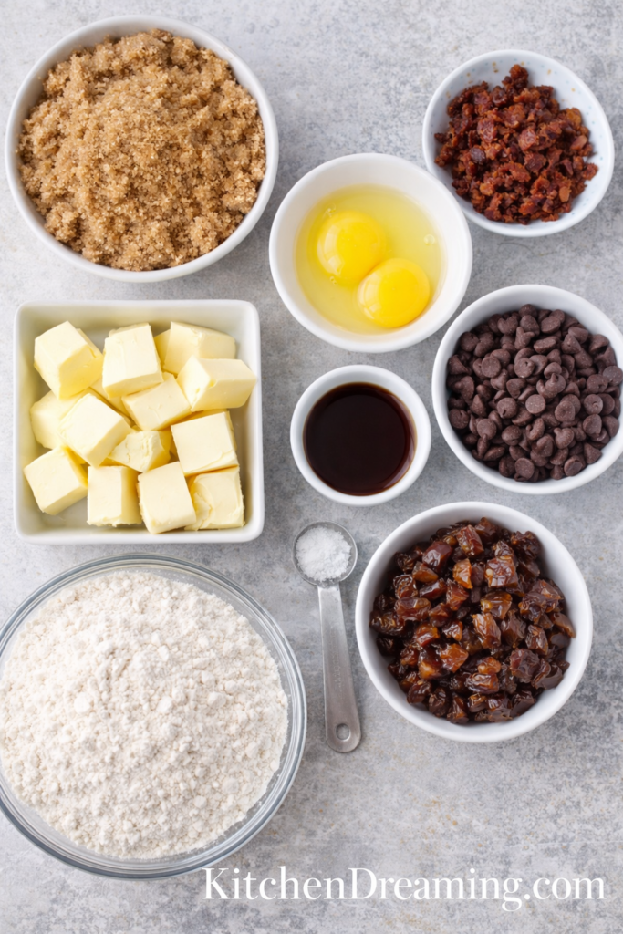 Chewy Chocolate Chip Blondies (Plus Sweet and Savory Add-In Ideas) 2 Blondies recipe ingredient flat lay with butter, brown sugar, flour, eggs, and chocolate chips.