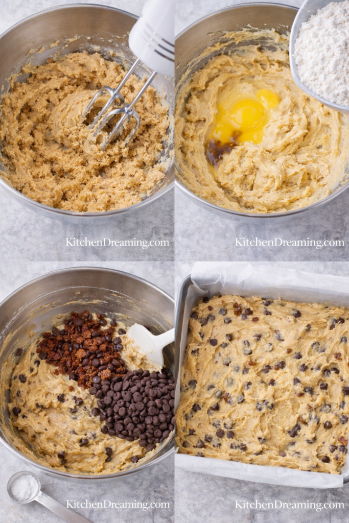 Chewy Chocolate Chip Blondies (Plus Sweet and Savory Add-In Ideas) 3 Blondies recipe step-by-step collage showing batter mixing and pan preparation.