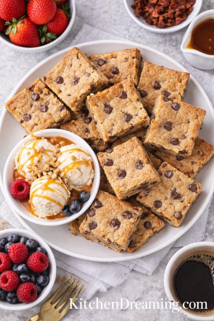 Chewy Chocolate Chip Blondies (Plus Sweet and Savory Add-In Ideas) 4 Blondies recipe served with ice cream, berries, caramel sauce, and coffee.