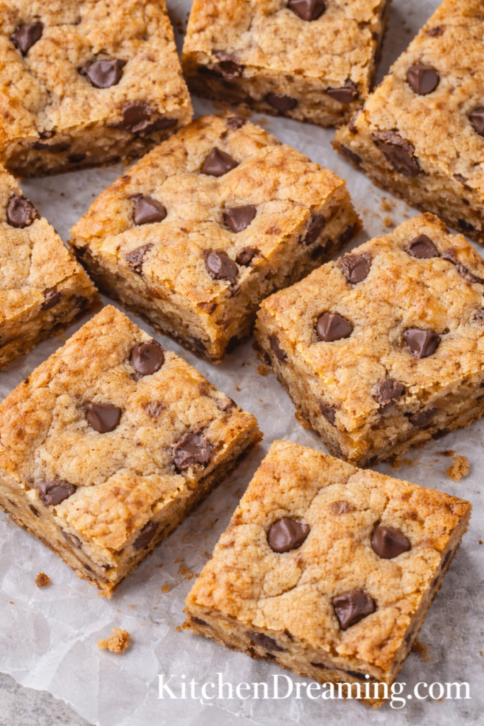 Chewy Chocolate Chip Blondies (Plus Sweet and Savory Add-In Ideas) 6 Blondies recipe overhead texture shot of chewy chocolate chip blondie bars.