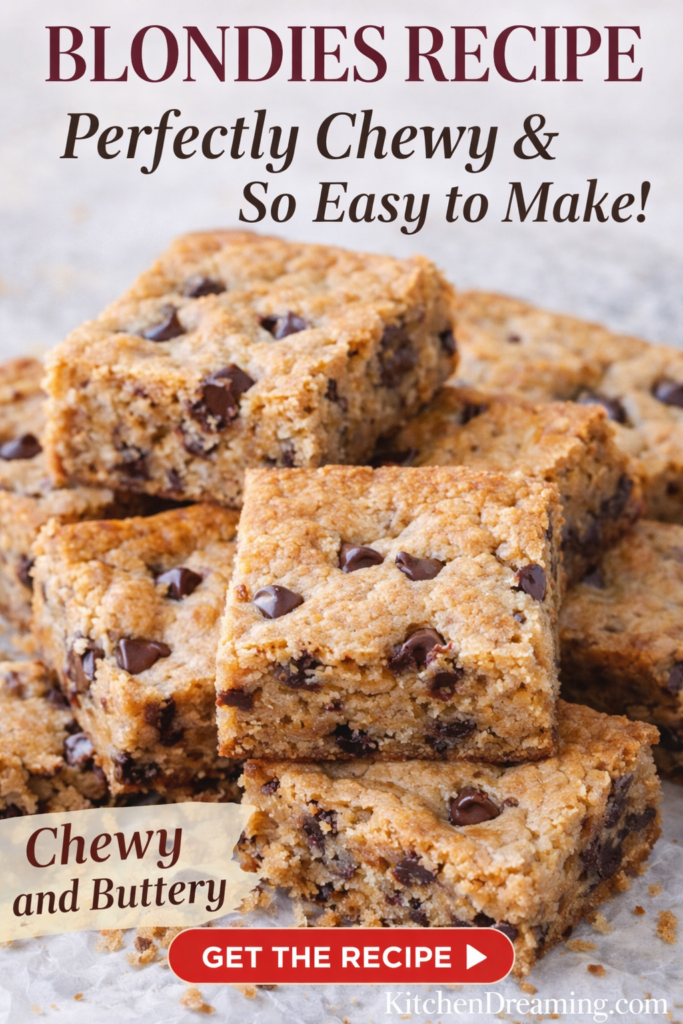 Chewy Chocolate Chip Blondies (Plus Sweet and Savory Add-In Ideas) 9 Blondies recipe showing stacked chewy chocolate chip blondies with golden edges.