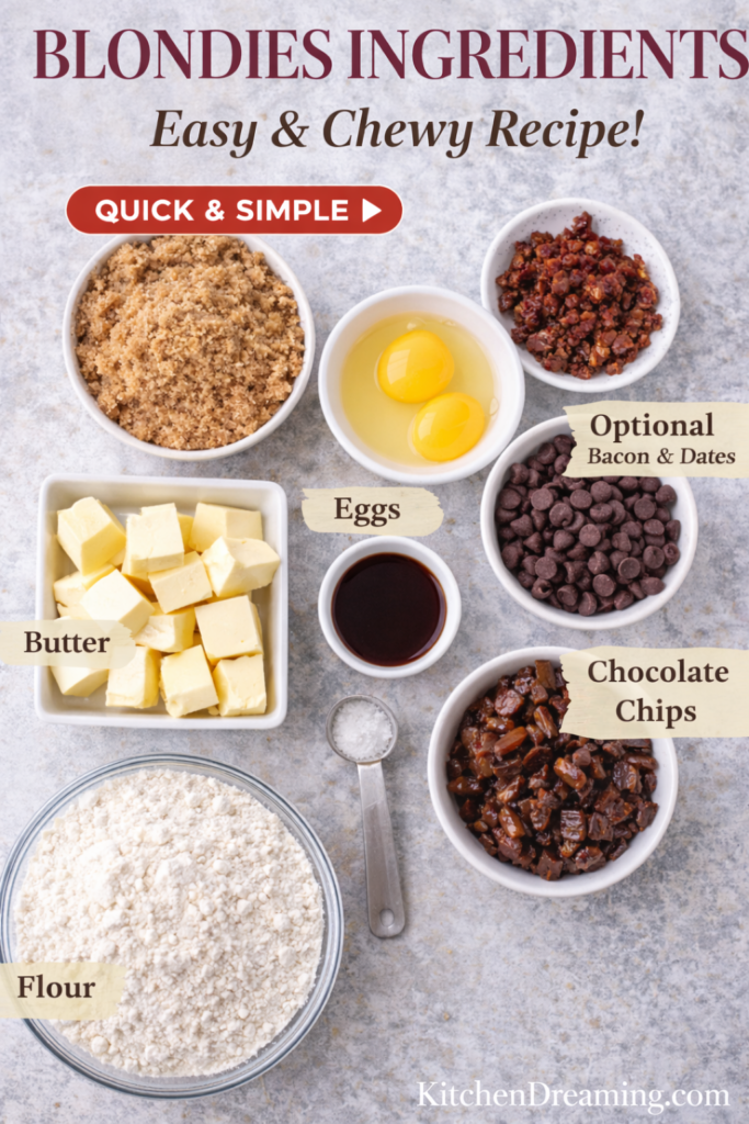Chewy Chocolate Chip Blondies (Plus Sweet and Savory Add-In Ideas) 10 Blondies recipe ingredient flat lay with butter, eggs, flour, brown sugar, and chocolate chips.