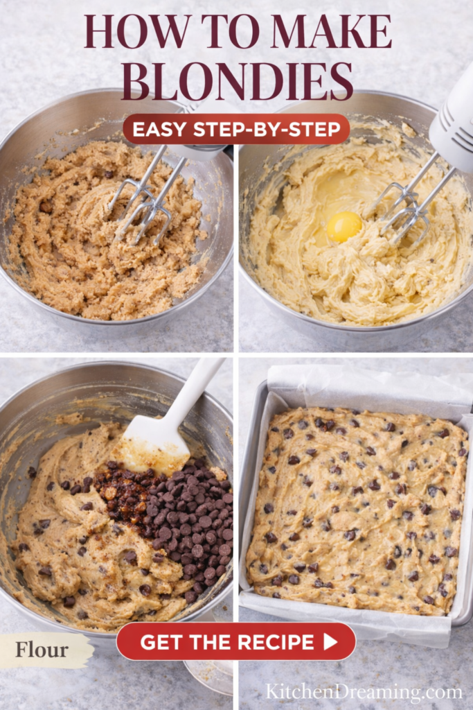 Chewy Chocolate Chip Blondies (Plus Sweet and Savory Add-In Ideas) 11 Blondies recipe step-by-step collage showing batter mixing and baking preparation.