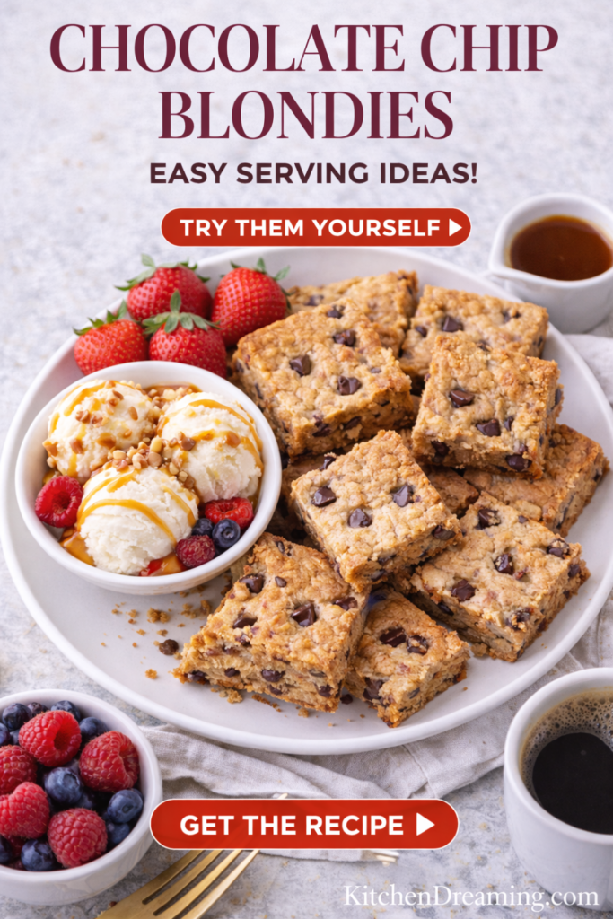 Chewy Chocolate Chip Blondies (Plus Sweet and Savory Add-In Ideas) 12 Blondies recipe served with ice cream, berries, and caramel sauce.