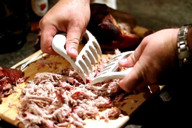 an image of an oven roasted pork shouler picnic being shredded for pulled pork