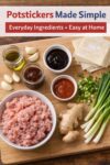 Ingredients for homemade potstickers including ground pork or turkey, garlic, ginger, green onions, hoisin sauce, sriracha, sesame oil, and wonton wrappers.