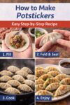 Four-step process of making potstickers showing mixing the filling, filling and sealing dumplings, browning in a pan, and steaming to finish
