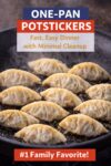 Potstickers cooking in a single skillet for a one-pan dinner with minimal cleanup.