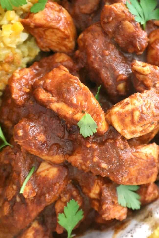 Close-up shot of chicken vindaloo enrobed in tangy herbs and spices garnished with a sprinkle of fresh parsley.