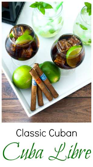 two glasses of cuba libre on a tray with some havana honey cigars