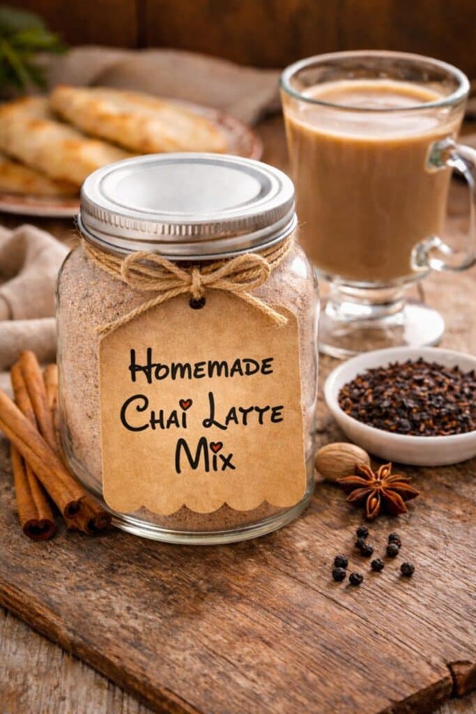 Homemade Instant Chai Latte Mix In A Glass Jar On A Rustic Wooden Table With Warm Spices And A Cozy Farmhouse Style Setting.