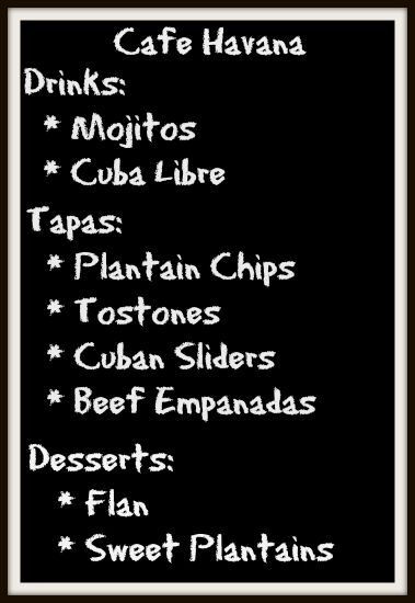 A menu board for a Cuban theme party.