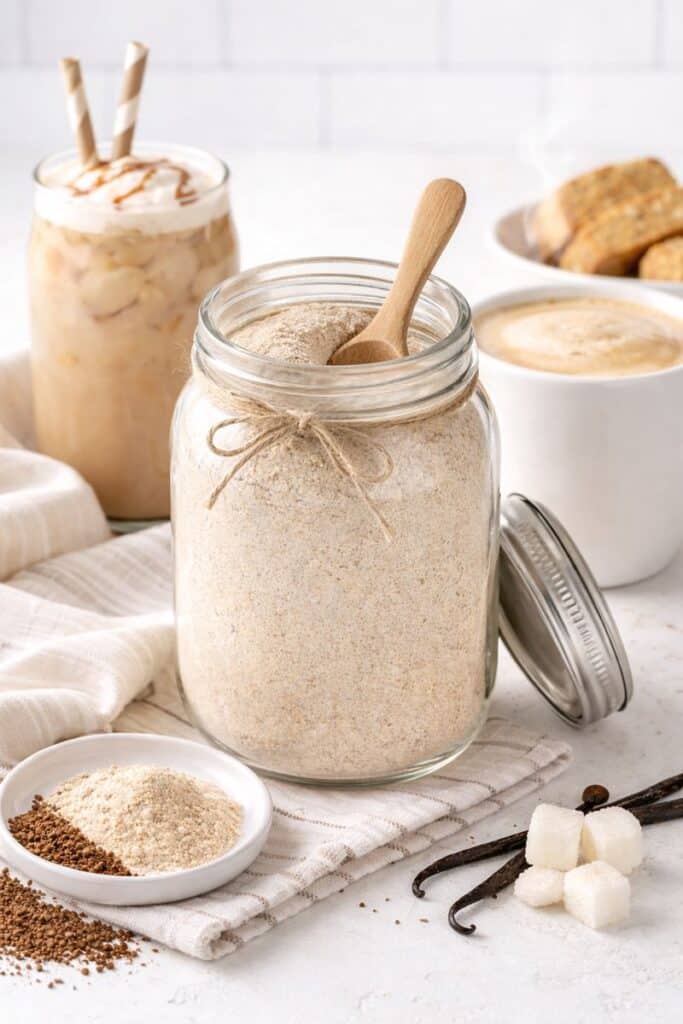 Homemade instant vanilla latte mix in an open glass jar with a wooden scoop, plus an iced latte with two straws and a steaming hot latte in the background.