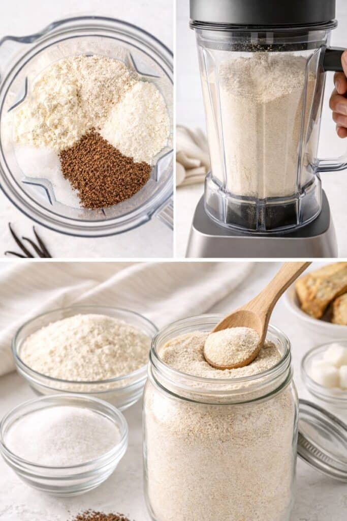Collage showing homemade instant vanilla latte mix ingredients in a blender, blended into powder, then scooped into a jar for storage.