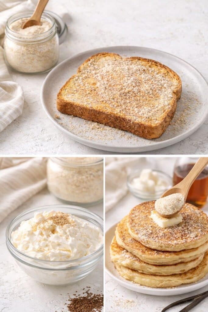 Collage of toast, whipped cream, and pancakes topped with homemade instant vanilla latte mix for leftover repurpose ideas.