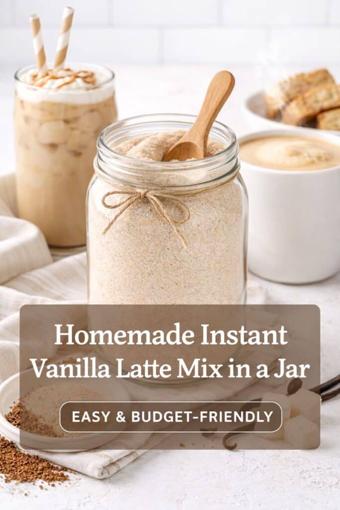 Homemade instant vanilla latte mix in a jar with a wooden scoop, plus an iced latte and a steaming hot latte in the background, with text overlay reading “Homemade Instant Vanilla Latte Mix in a Jar.”