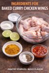 Ingredients for baked curry chicken wings including raw wings, curry powder, baking powder, spices, and lime.