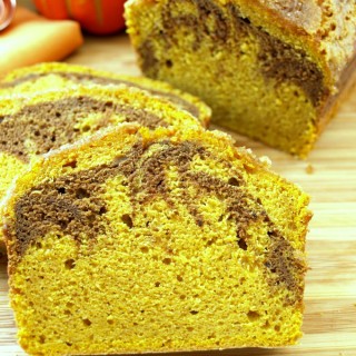 Marbled Pumpkin Pound Cake is lightened up for fewer fat and calories making me feel a little less guilty about my indulgence.