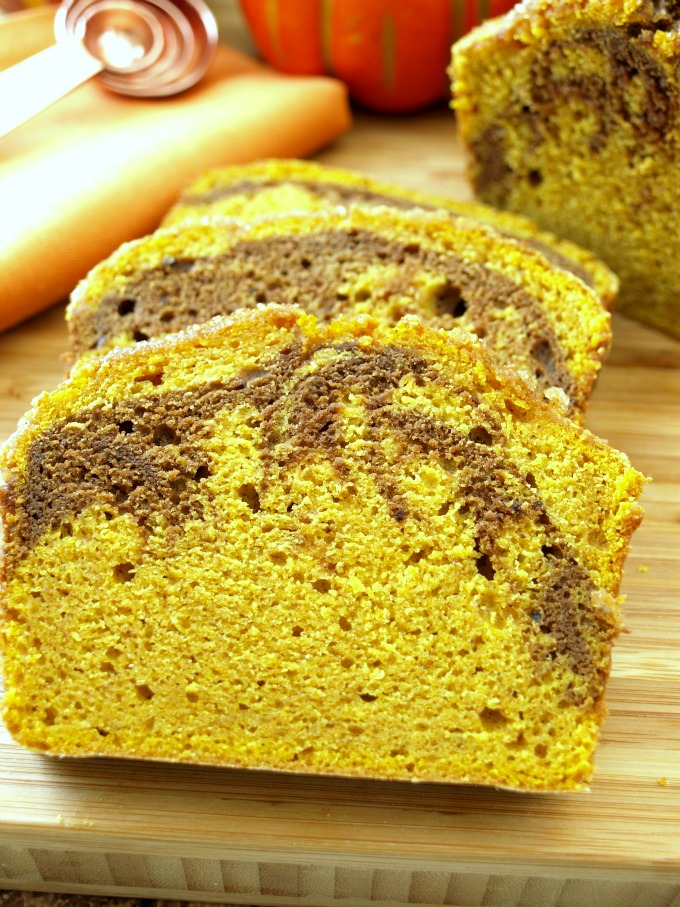 Marbled Pumpkin Pound Cake is lightened up for fewer fat and calories making me feel a little less guilty about my indulgence. 