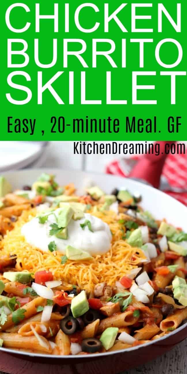 Pinterest Long Pin Showing Chicken Burrito Skillet Easy 20-Minute Meal 