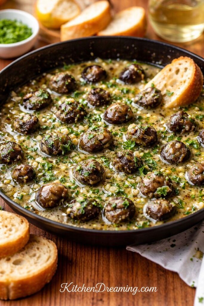 Escargots à la bourguignonne for a crowd in a skillet with garlic-parsley butter sauce and baguette, easy escargot appetizer.