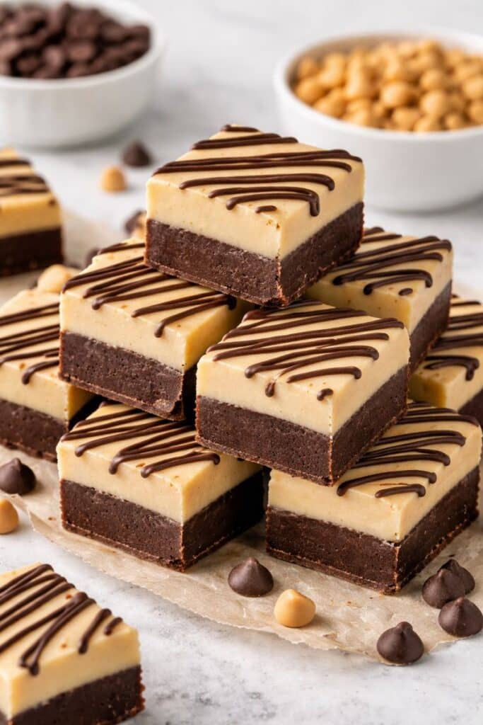 Microwave chocolate butterscotch fudge squares with a chocolate base, creamy butterscotch layer, and chocolate drizzle on parchment.