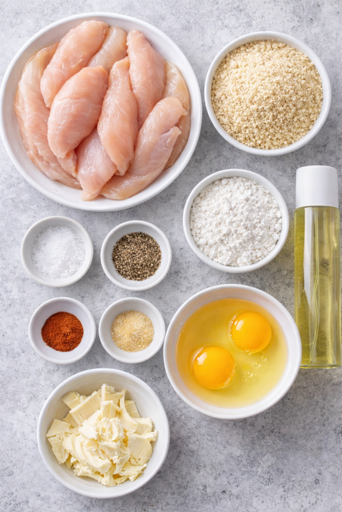 Crispy Oven Baked Chicken Tenders (Easy Family Dinner) 2 Baked Chicken Tenders, ingredients including chicken tenders, panko, eggs, flour, and seasonings.
