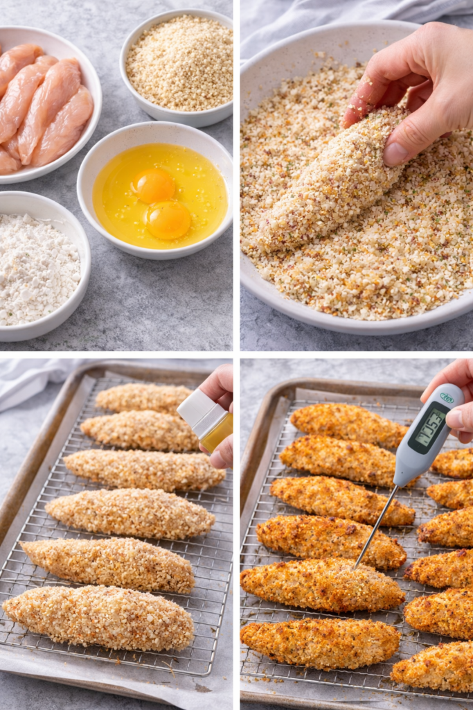 Crispy Oven Baked Chicken Tenders (Easy Family Dinner) 3 Baked Chicken Tenders, collage showing breading steps, tray setup, and golden baked results.