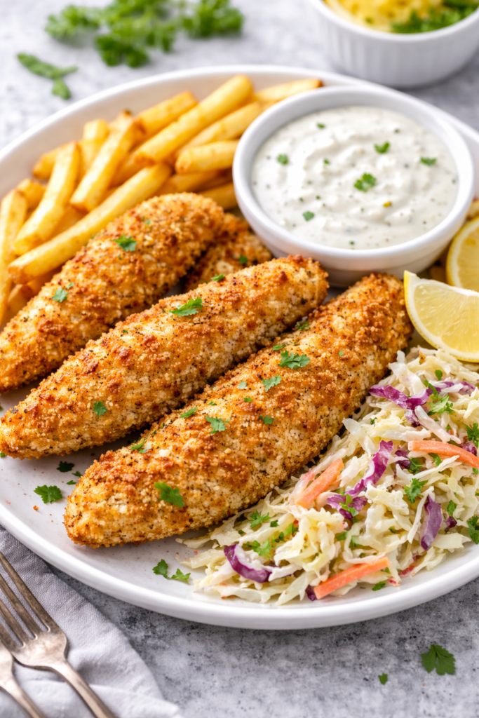 Crispy Oven Baked Chicken Tenders (Easy Family Dinner) 4 Baked Chicken Tenders, plated with fries, coleslaw, and ranch dipping sauce.