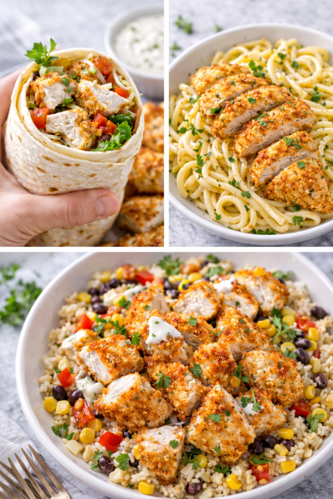 Crispy Oven Baked Chicken Tenders (Easy Family Dinner) 5 Baked Chicken Tenders, leftovers used in a wrap, pasta bowl, and rice bowl.