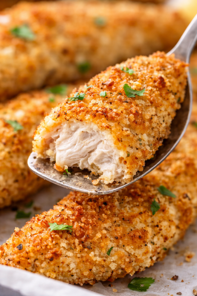 Crispy Oven Baked Chicken Tenders (Easy Family Dinner) 6 Baked Chicken Tenders, close up showing crispy coating and juicy interior on a lifted bite.