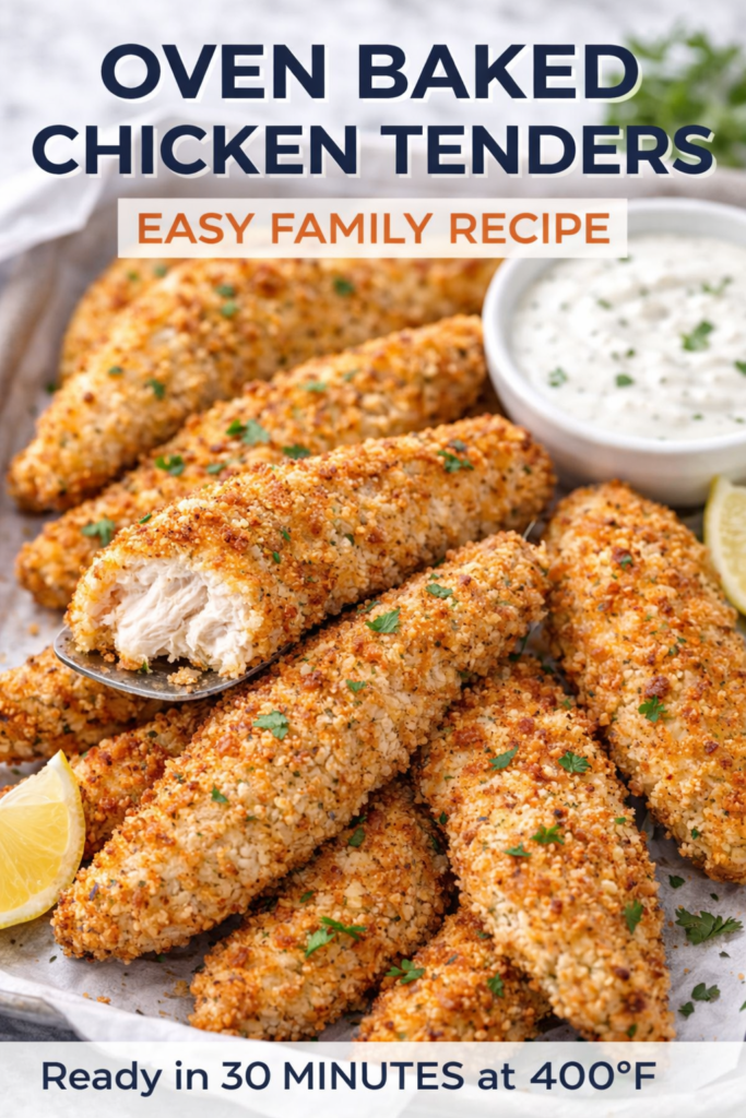Crispy Oven Baked Chicken Tenders (Easy Family Dinner) 9 Baked Chicken Tenders, crispy panko coated chicken baked at 400°F with ranch dip.