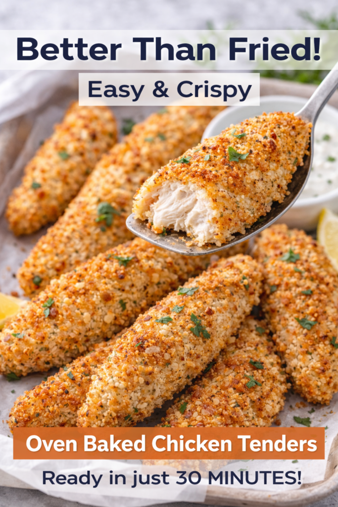 Crispy Oven Baked Chicken Tenders (Easy Family Dinner) 10 Baked Chicken Tenders, golden and crispy with a juicy inside, served with dipping sauce.