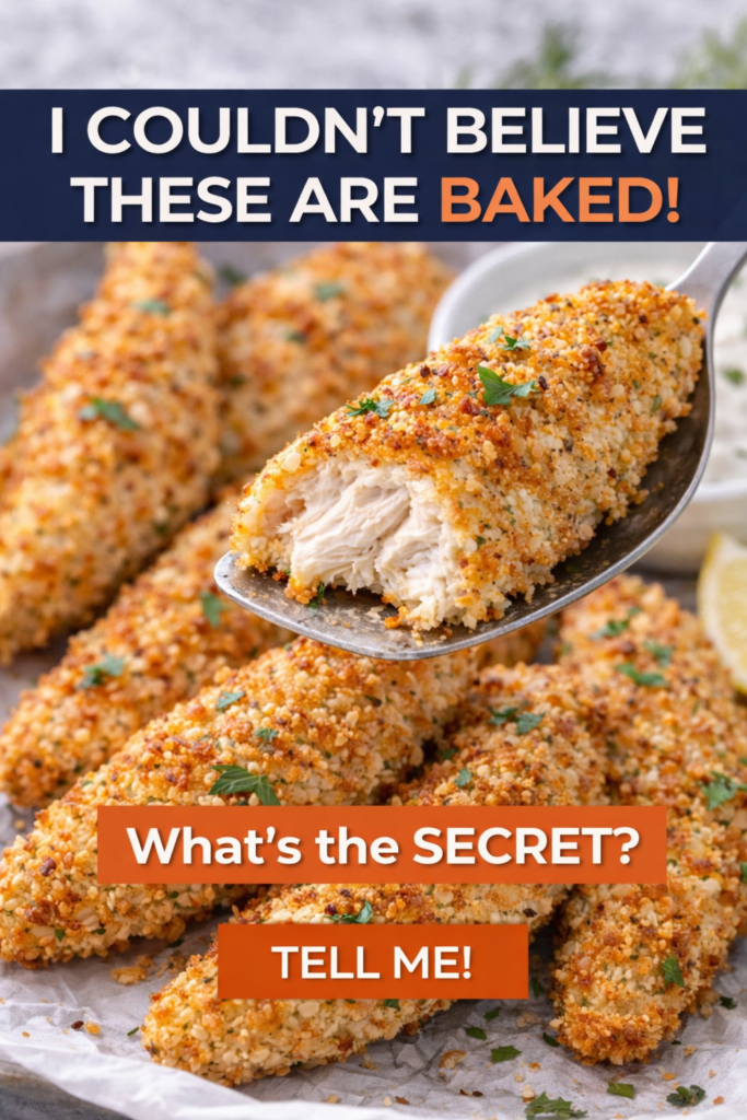 Crispy Oven Baked Chicken Tenders (Easy Family Dinner) 11 Baked Chicken Tenders, close up of crunchy coating with tender chicken inside.