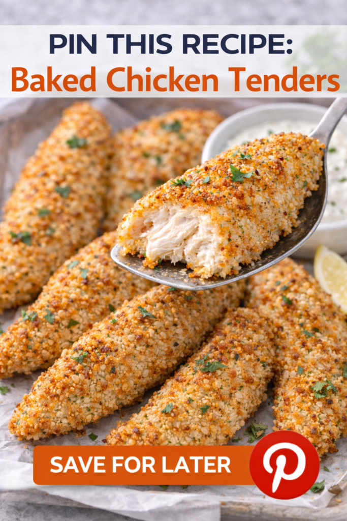 Crispy Oven Baked Chicken Tenders (Easy Family Dinner) 13 Baked Chicken Tenders, crispy oven baked tenders on a tray with dipping sauce and lemon.