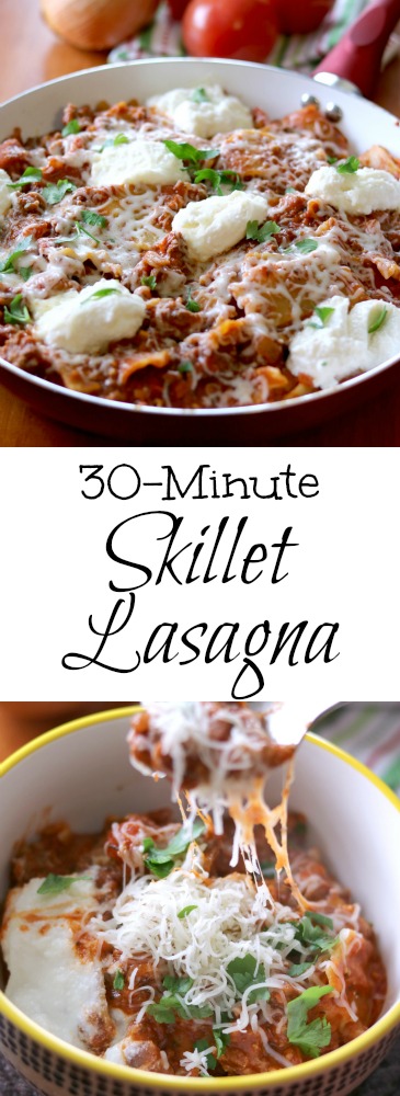This 30-minute Skillet Lasagna tastes just like traditional lasagna without all the fuss of layering! Add this quick and simple dish into your weeknight dinner rotation and take your ordinary pasta night from ordinary to extraordinary! 