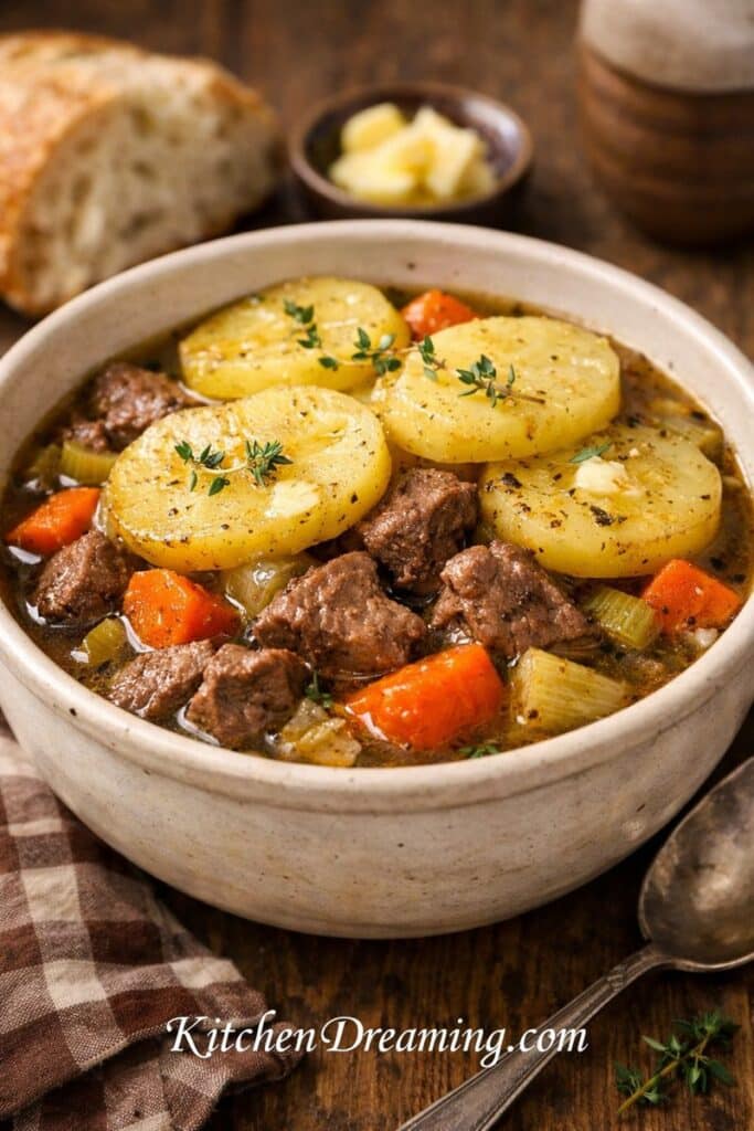 Traditional Irish stew without alcohol in a rustic bowl with tender lamb, potatoes, carrots, and rich broth.