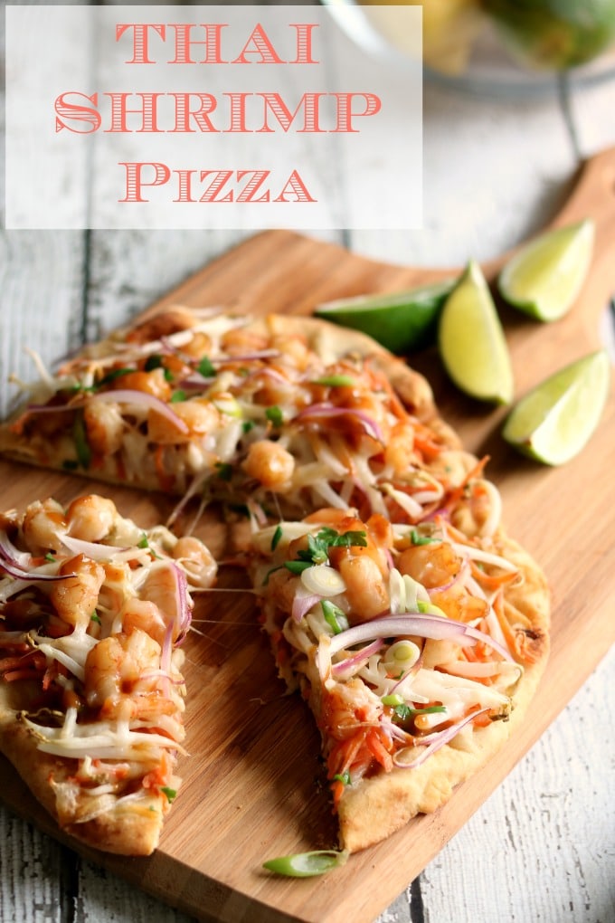 Thai Shrimp pizza is spicy, saucy and delicious and hits on all the traditional flavor notes of a Thai Shrimp dinner in a delicious Thai fusion pizza. 