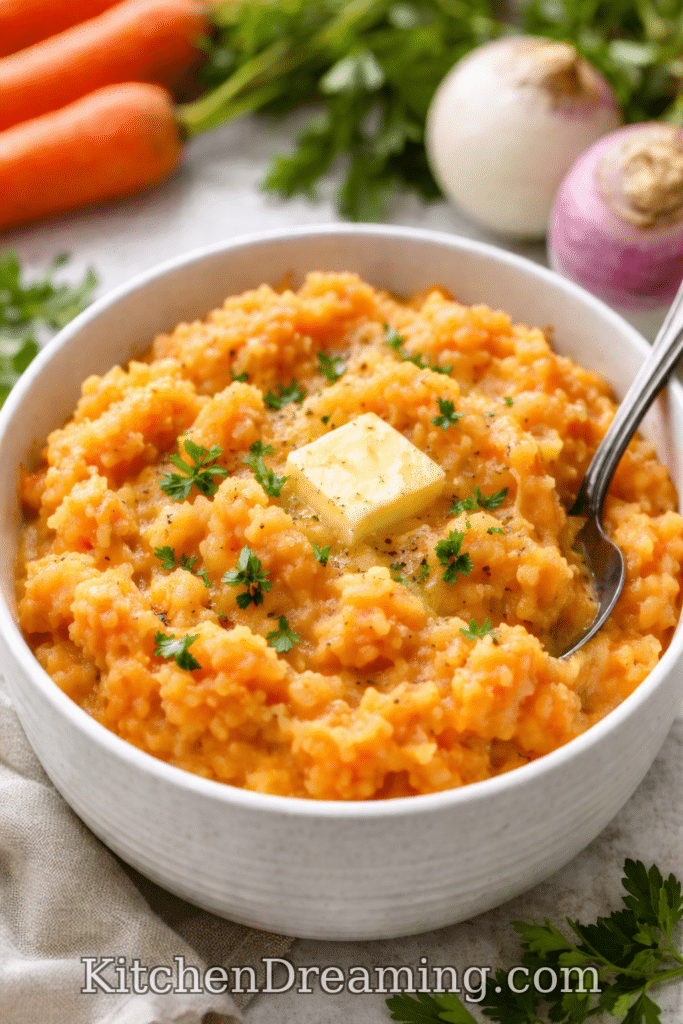 Mashed Carrots and Turnips, creamy root vegetable mash topped with butter, parsley, and black pepper.