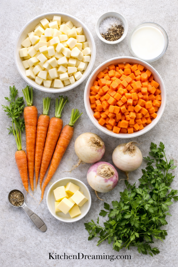 Mashed Turnips and Carrots Recipe – Creamy Root Vegetable Mash 2 Mashed Carrots and Turnips ingredients, including chopped carrots, chopped turnips, butter, milk, salt, pepper, and parsley.