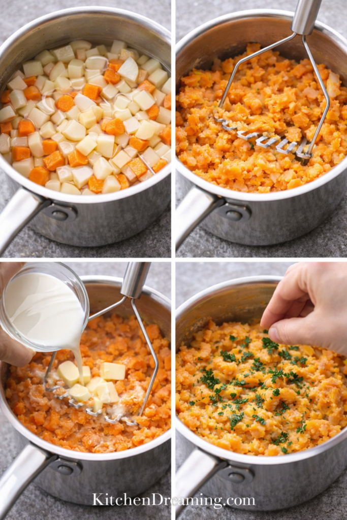 Mashed Turnips and Carrots Recipe – Creamy Root Vegetable Mash 3 Mashed Carrots and Turnips step-by-step, boiling vegetables, mashing, adding butter, and finishing with herbs.