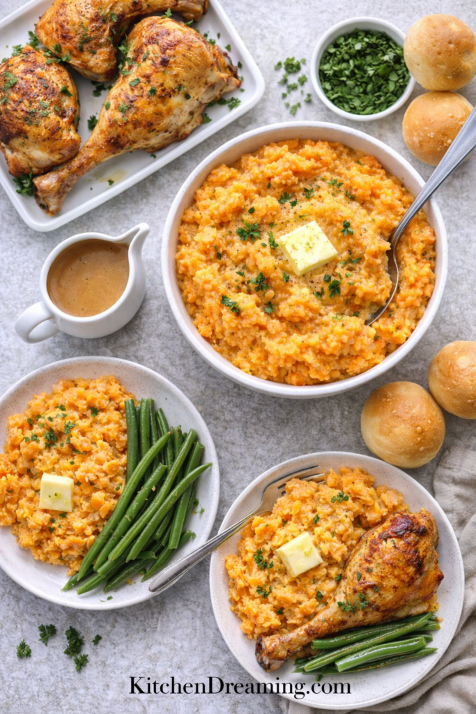 Mashed Turnips and Carrots Recipe – Creamy Root Vegetable Mash 4 Mashed Carrots and Turnips served with roasted chicken, green beans, and dinner rolls, overhead flat lay.