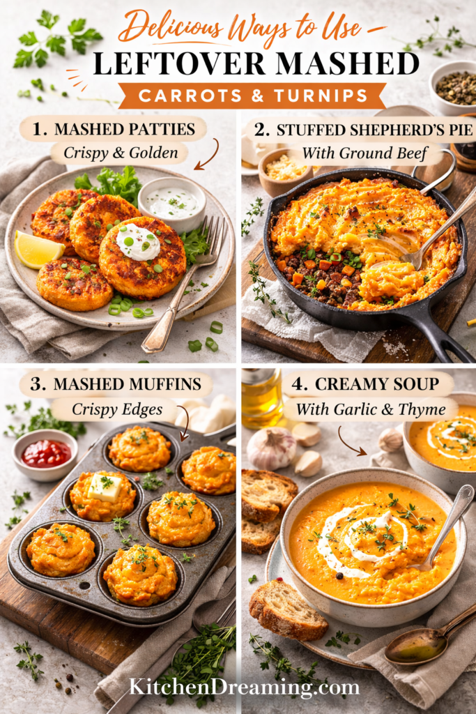 Mashed Turnips and Carrots Recipe – Creamy Root Vegetable Mash 5 Mashed Carrots and Turnips leftovers, repurposed into patties, casserole topping, baked bites, and soup.