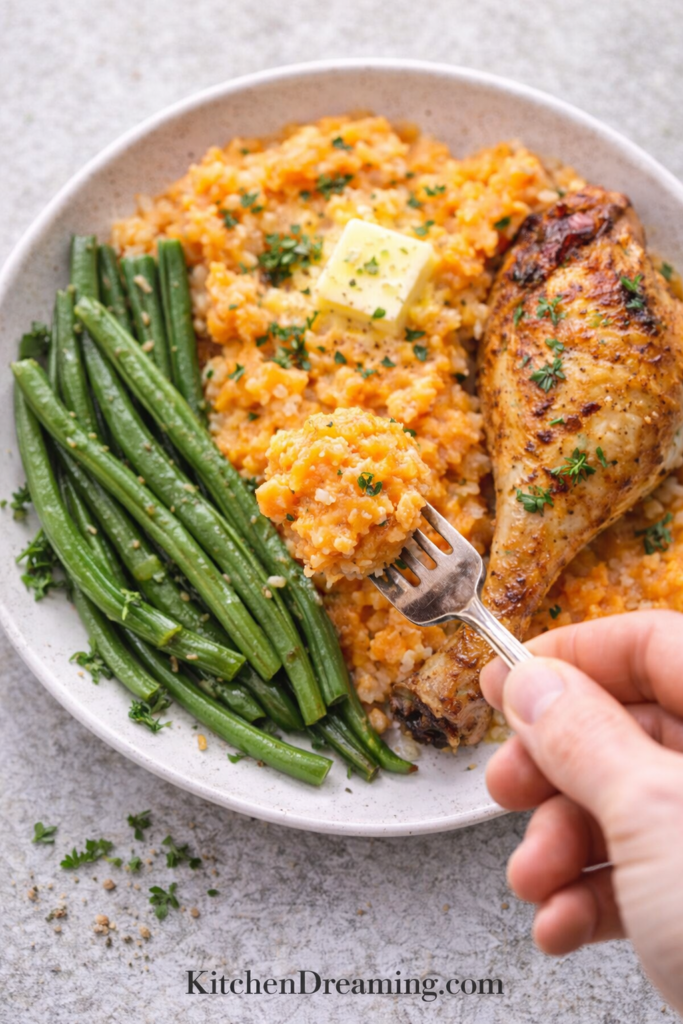 Mashed Turnips and Carrots Recipe – Creamy Root Vegetable Mash 6 Mashed Carrots and Turnips, fork lifting a bite of creamy mash beside roasted chicken and green beans.