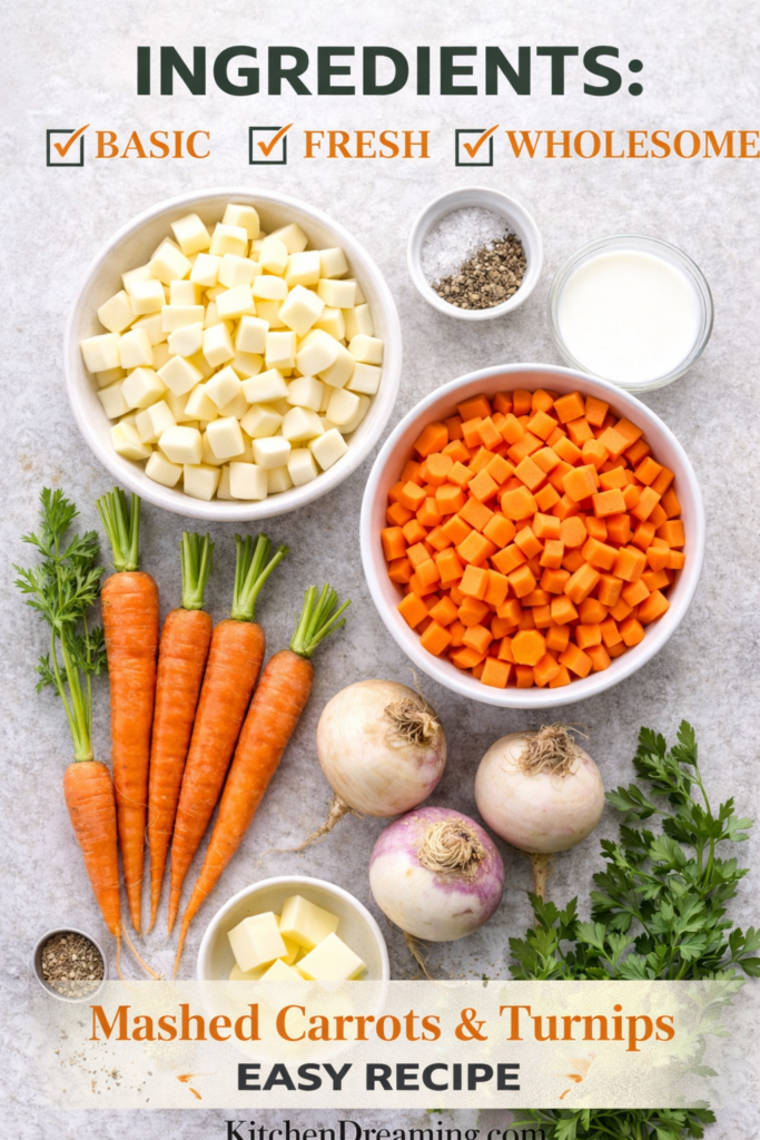 Mashed Turnips and Carrots Recipe – Creamy Root Vegetable Mash 10 Mashed Carrots and Turnips ingredients arranged overhead with butter, milk, and fresh herbs.
