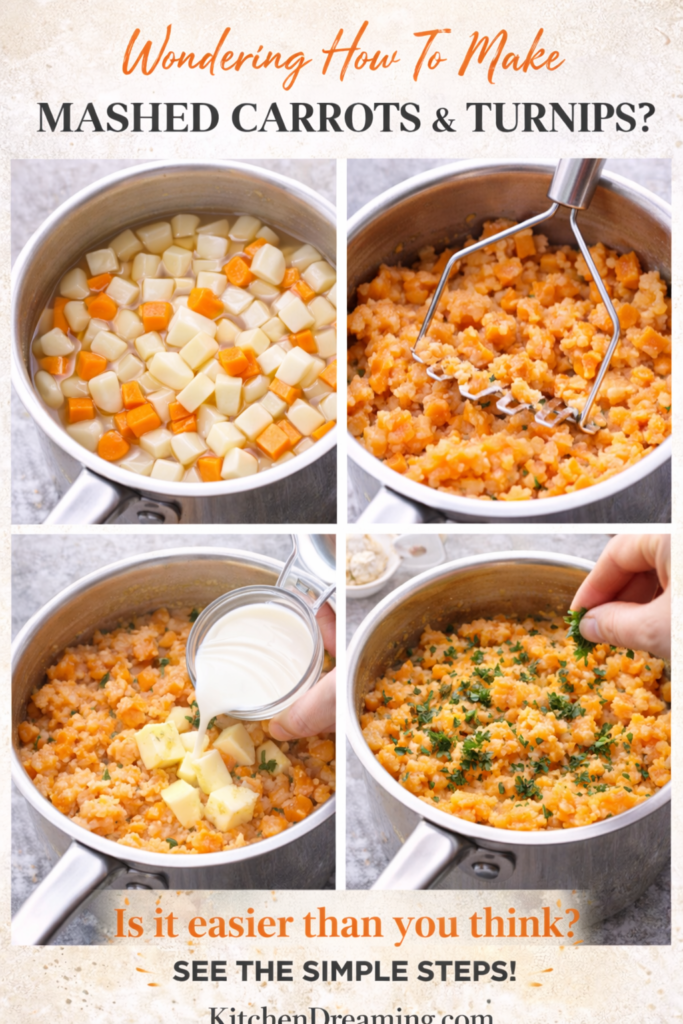 Mashed Turnips and Carrots Recipe – Creamy Root Vegetable Mash 11 Mashed Carrots and Turnips step-by-step cooking process with boiling and mashing.