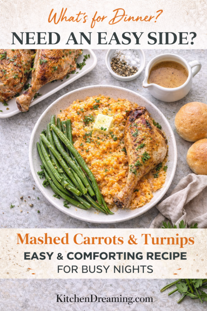 Mashed Turnips and Carrots Recipe – Creamy Root Vegetable Mash 12 Mashed Carrots and Turnips served with roasted chicken and green beans on dinner plate.