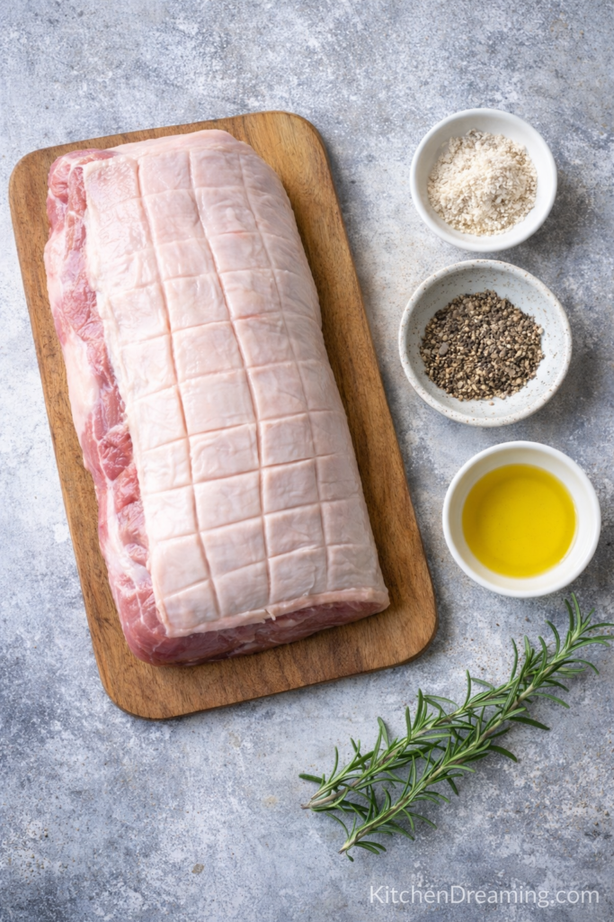 Roasted Pork Loin with Skin and Crispy Crackling 2 Roasted pork loin with skin, ingredients shown with salt, pepper, oil, garlic, and rosemary.